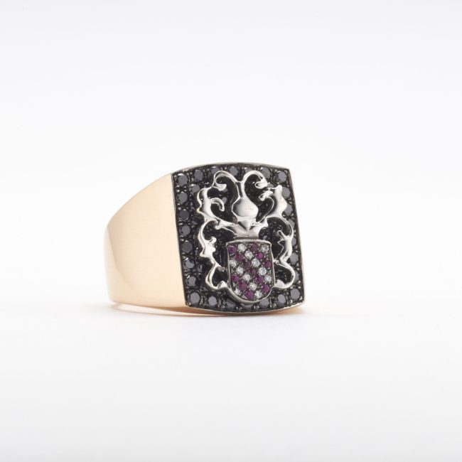 Ring, Knightsbridge Ruby/Blk/Wht Diamonds Signet Ring, Rose Gold